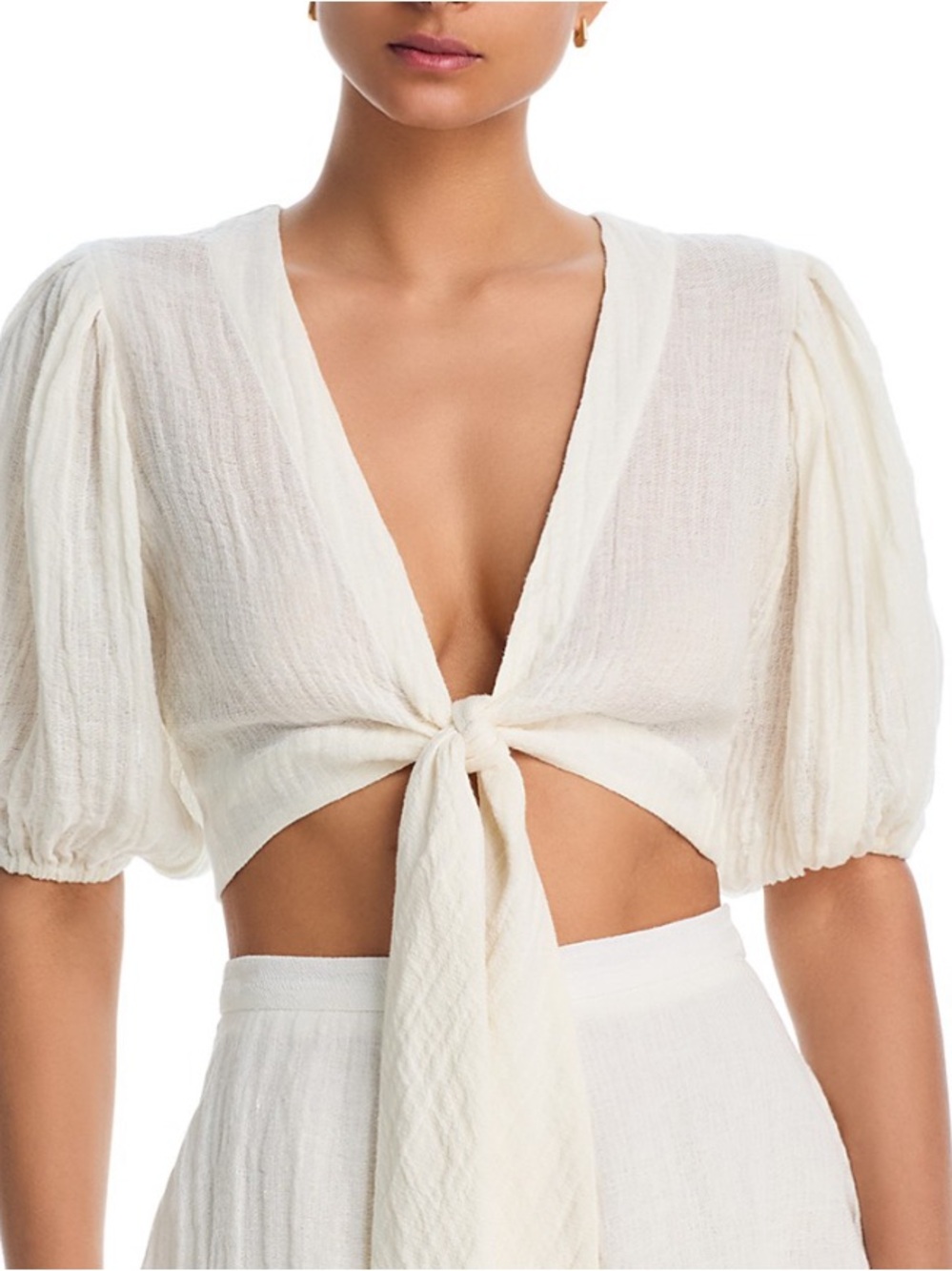 Lisa Marie Fernandez Cream Crinkled Wrap Blouse with Puff Sleeves